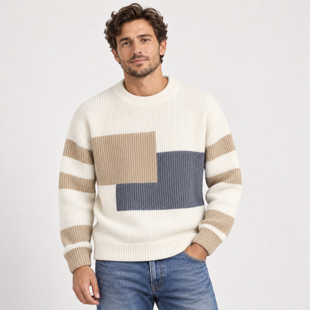 Men's knitted jumper with colour blocks on the front and striped sleeves