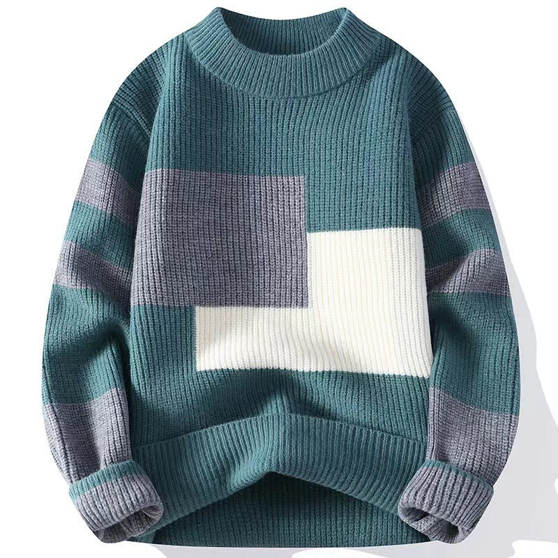 Men's knitted jumper with colour blocks on the front and striped sleeves - teal