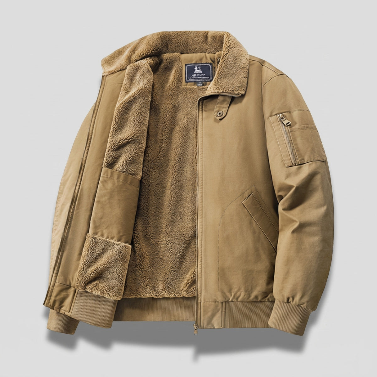 Men's bomber jacket with a sherpa collar and sleeve pocket - khaki