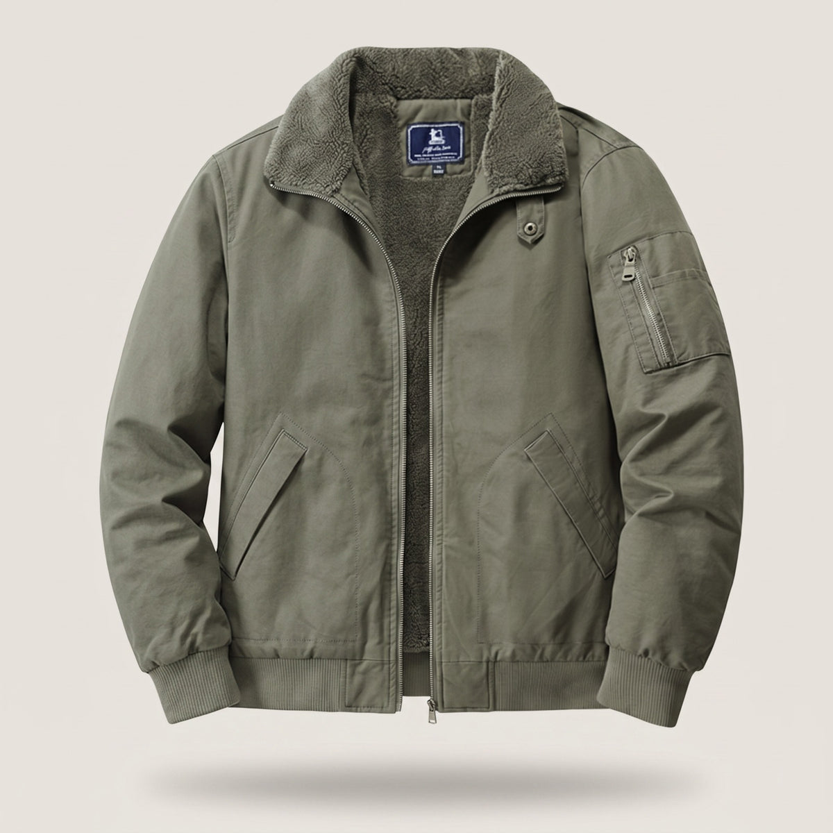 Men's bomber jacket with a sherpa collar and sleeve pocket - green