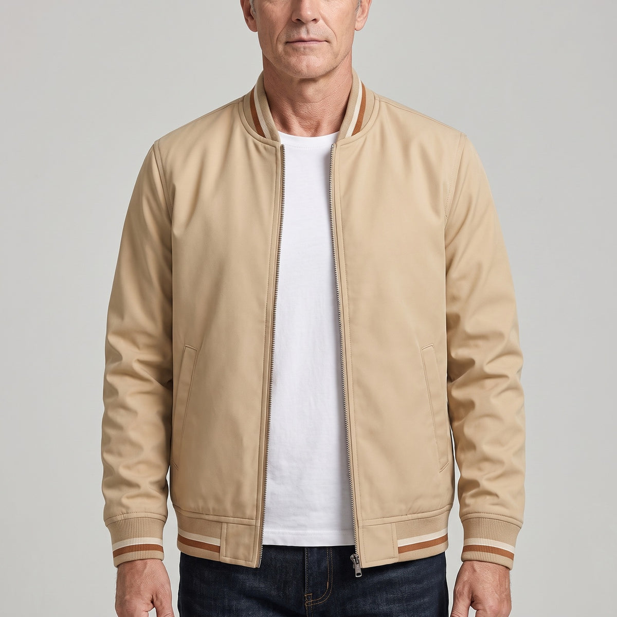 Men's bomber jacket with striped ribbed trims and a zip - beige