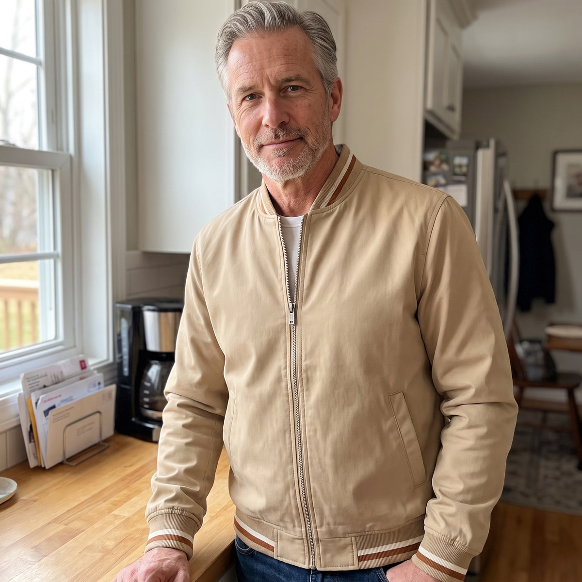 Men's bomber jacket with striped ribbed trims and a zip - beige