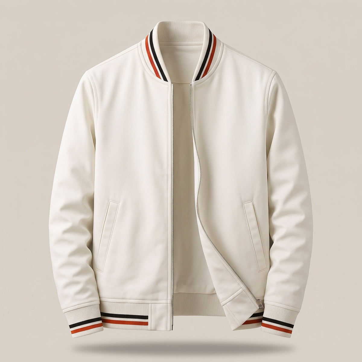 Men's bomber jacket with striped ribbed trims and a zip - white