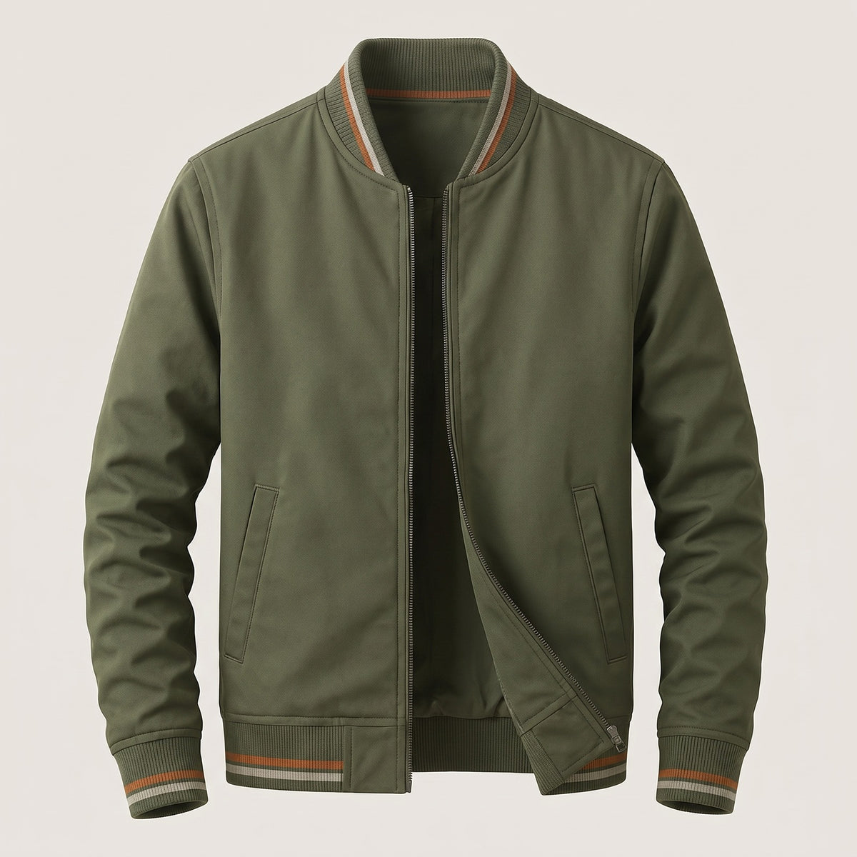 Men's bomber jacket with striped ribbed trims and a zip - olive green