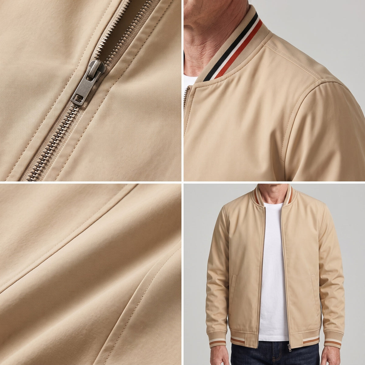 Men's bomber jacket with striped ribbed trims and a zip - beige