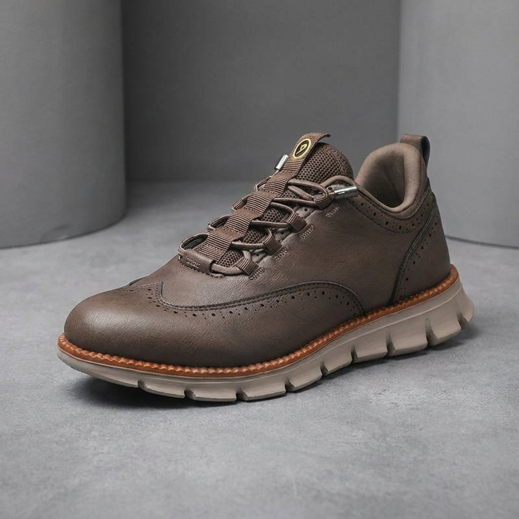 Men's brogue trainers in smooth faux leather with elastic laces through loops and a treaded sole - taupe brown