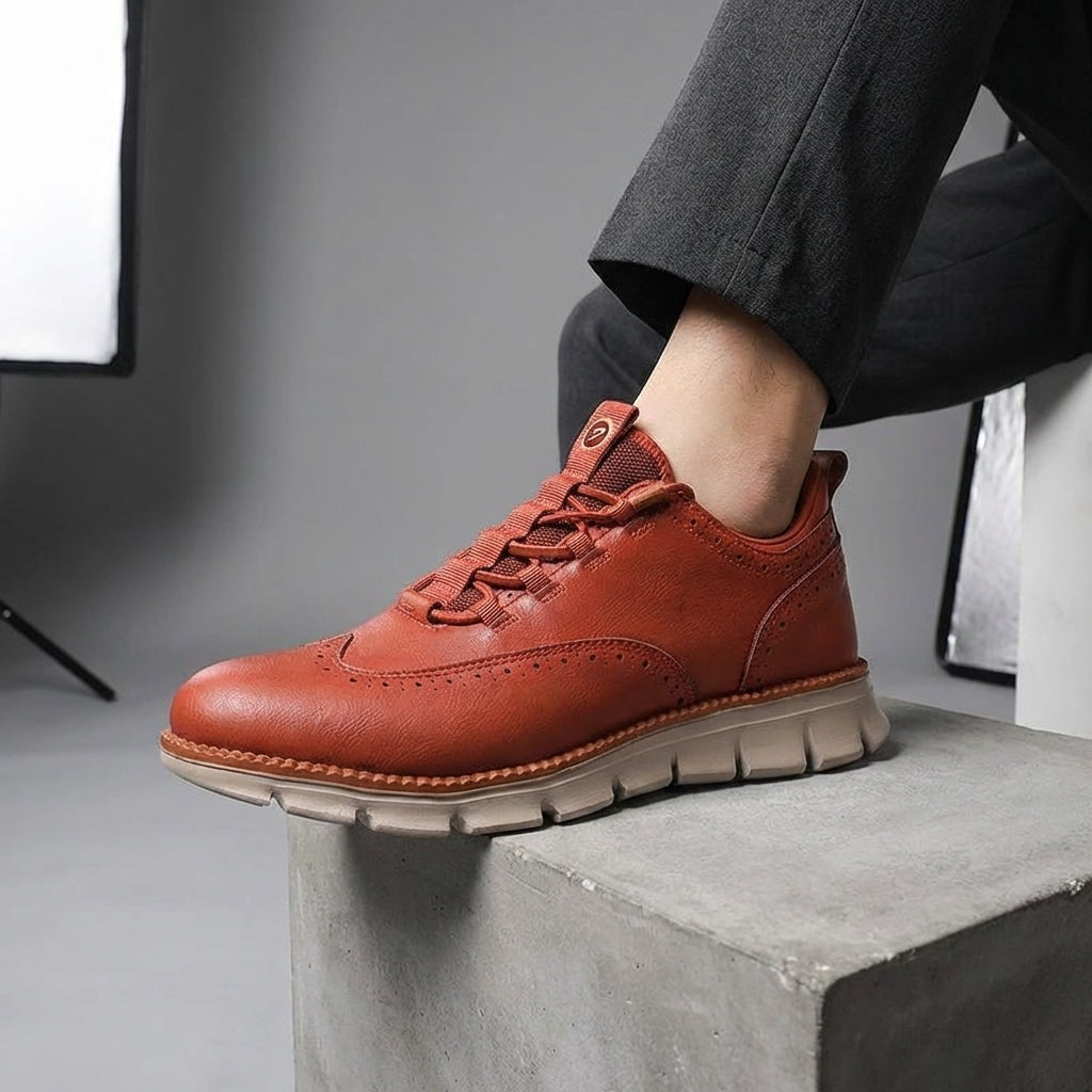 Men's brogue trainers in smooth faux leather with elastic laces through loops and a treaded sole - view 6