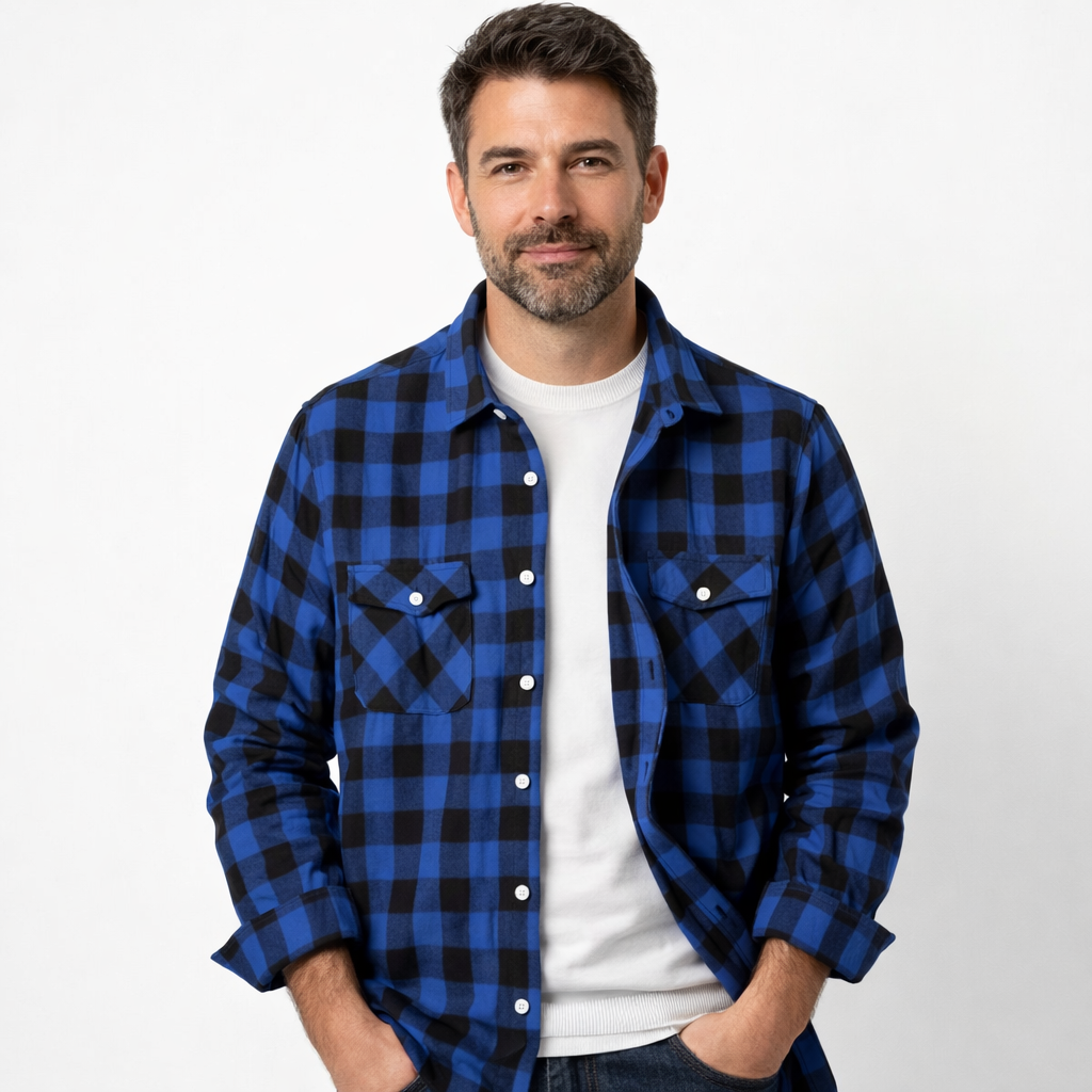 Men's buffalo check overshirt with two flap chest pockets