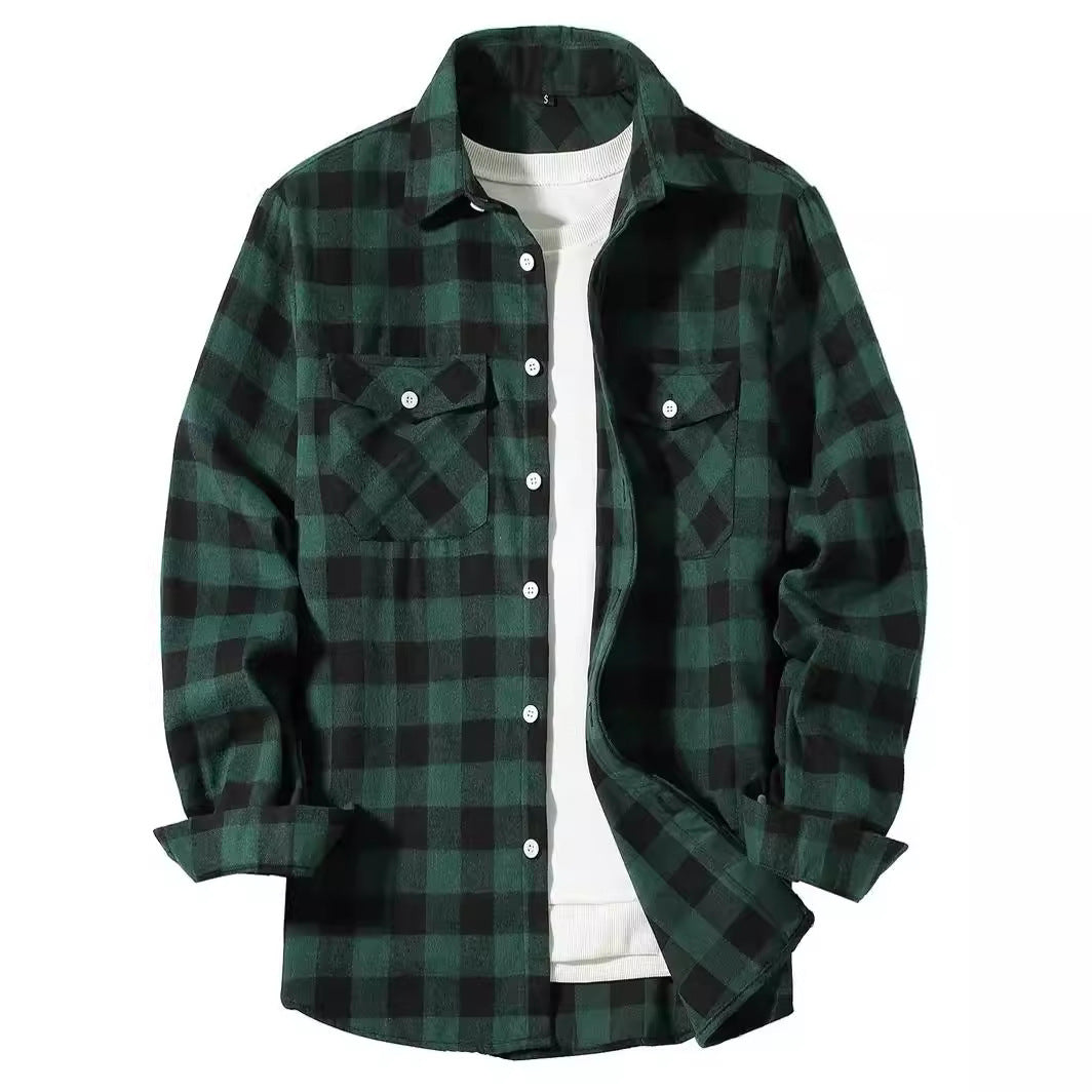 Men's buffalo check overshirt with two flap chest pockets - green/black
