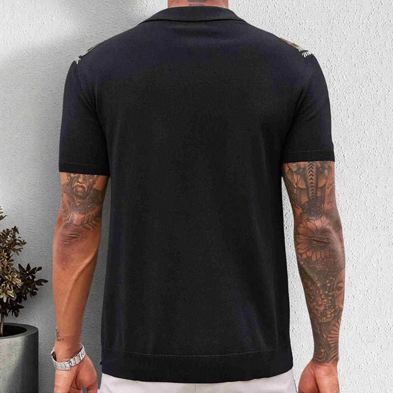 Men's knitted button-through polo with vertical jacquard stripes - view 4