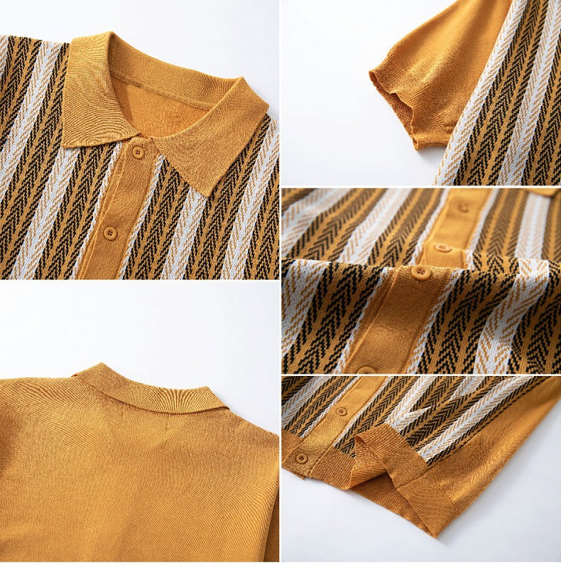 Men's knitted button-through polo with vertical jacquard stripes - view 8