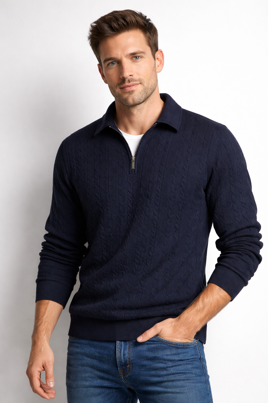 Men's quarter-zip jumper with a cable jacquard and polo collar