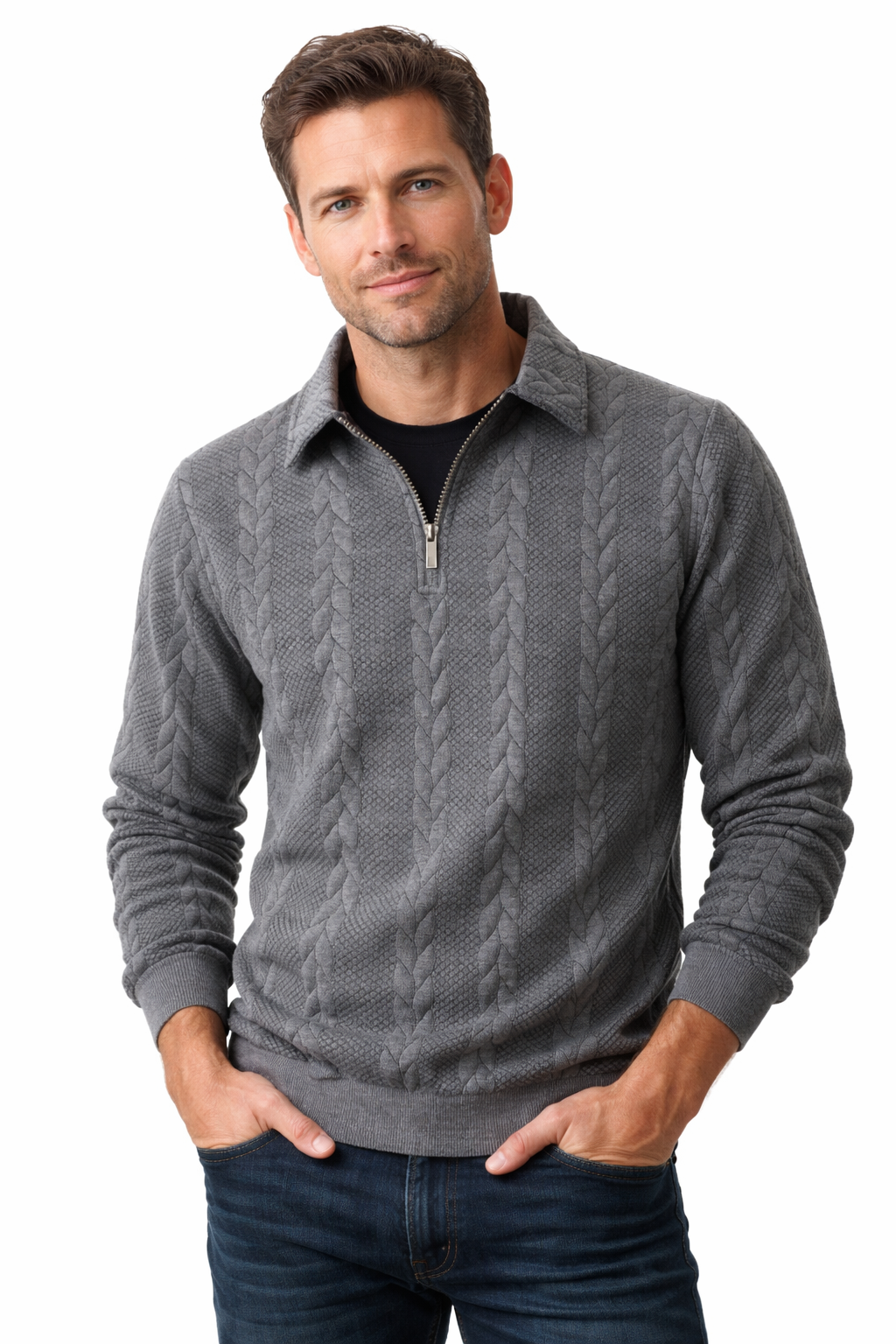Men's quarter-zip jumper with a cable jacquard and polo collar