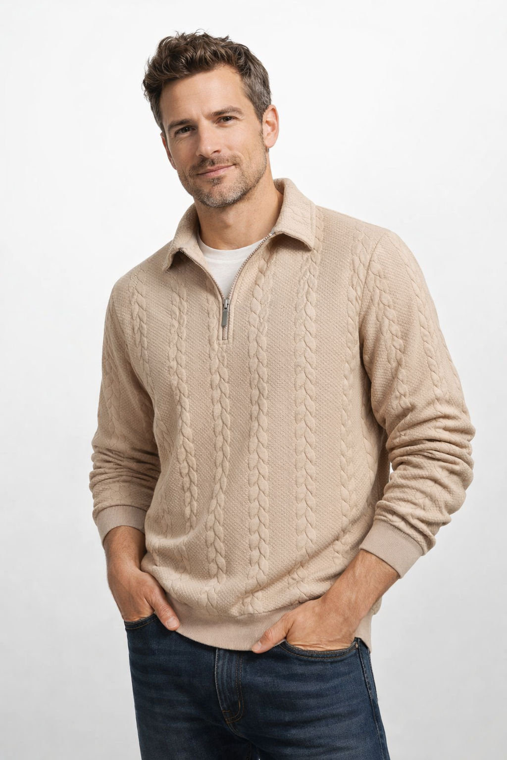 Men's quarter-zip jumper with a cable jacquard and polo collar