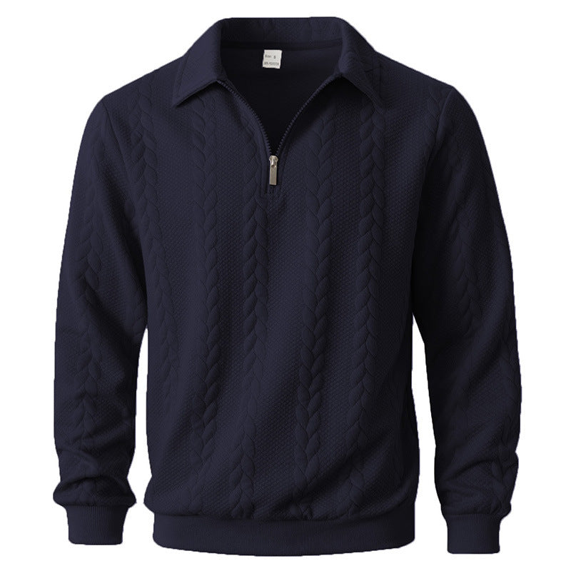 Men's quarter-zip jumper with a cable jacquard and polo collar - navy