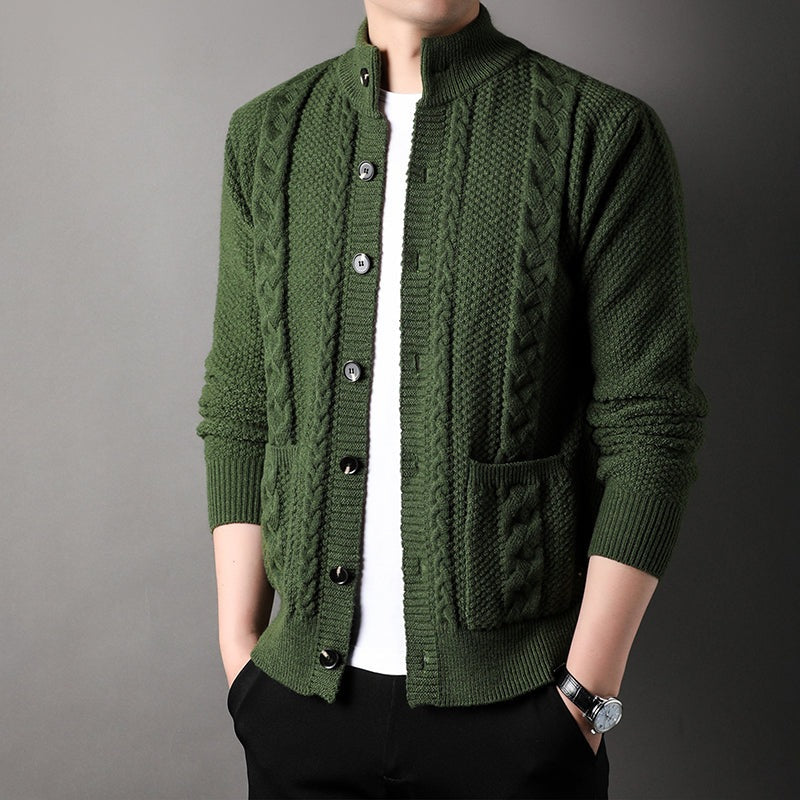 Men's cable knit cardigan with a stand collar, button front and patch pockets - olive green