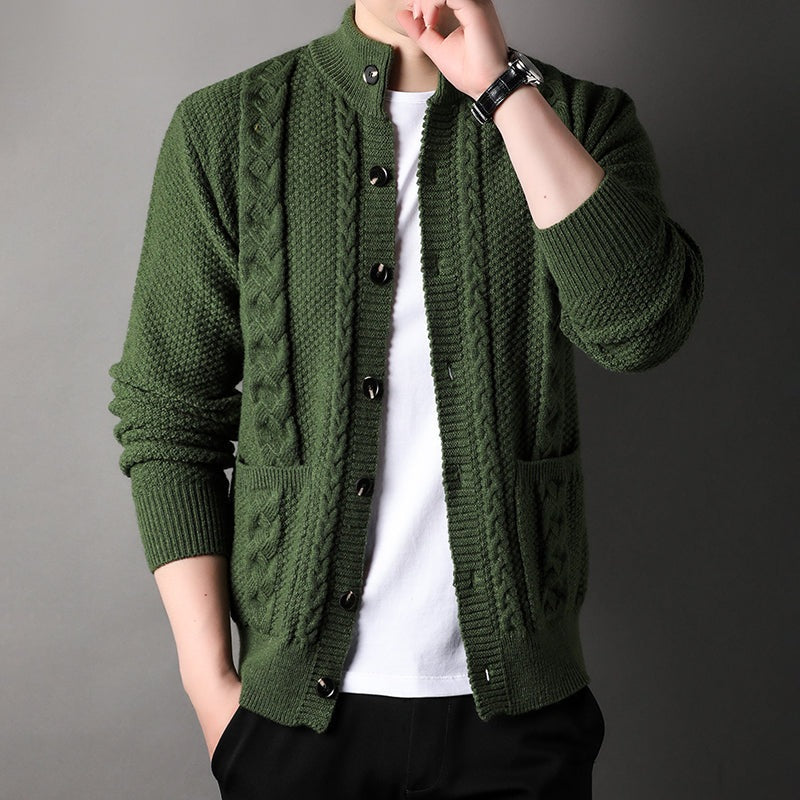 Men's cable knit cardigan with a stand collar, button front and patch pockets - view 3
