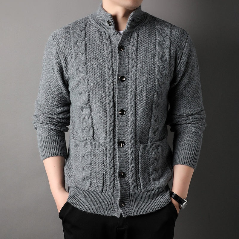 Men's cable knit cardigan with a stand collar, button front and patch pockets - grey