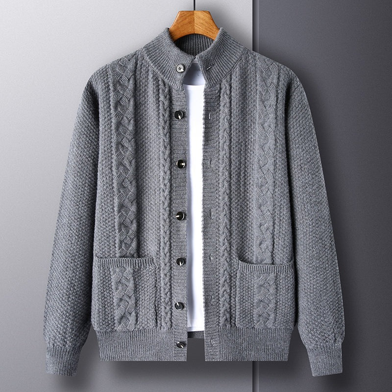 Men's cable knit cardigan with a stand collar, button front and patch pockets - view 8