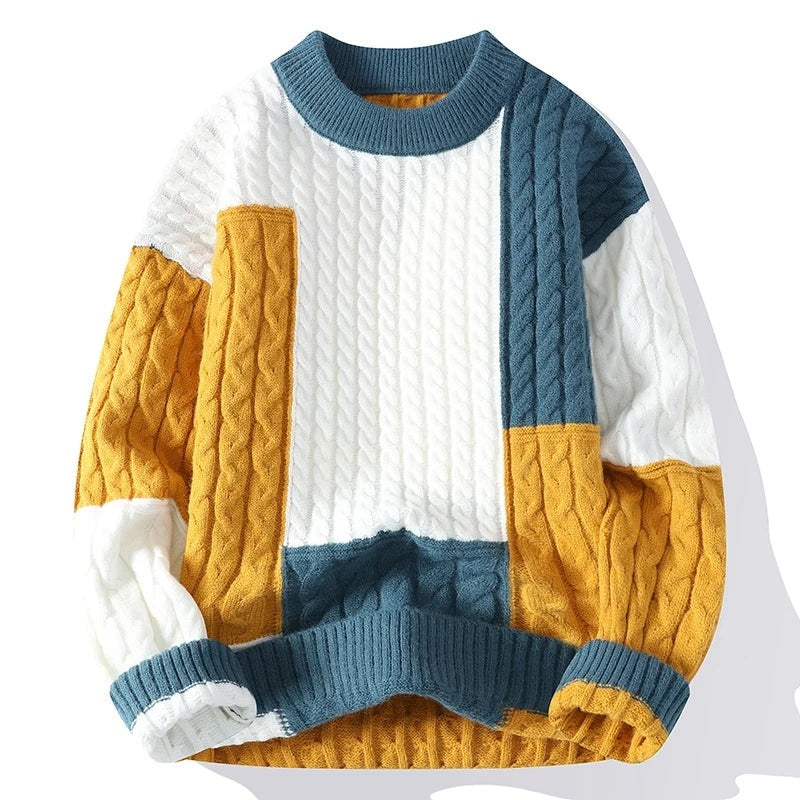 Men's relaxed cable knit jumper with colour block patchwork panels - teal/ochre