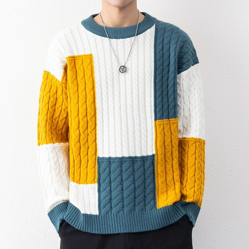 Men's relaxed cable knit jumper with colour block patchwork panels - view 2