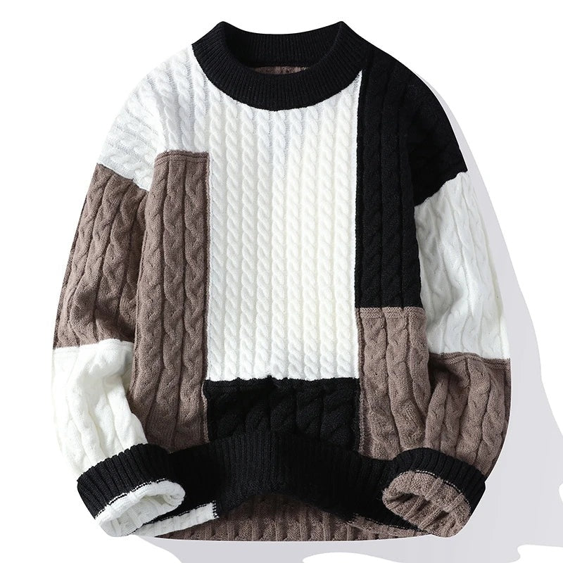 Men's relaxed cable knit jumper with colour block patchwork panels - black/taupe