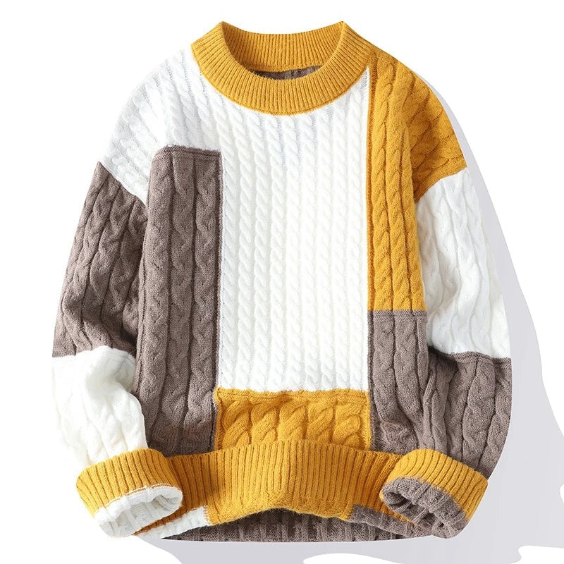 Men's relaxed cable knit jumper with colour block patchwork panels - ochre/taupe
