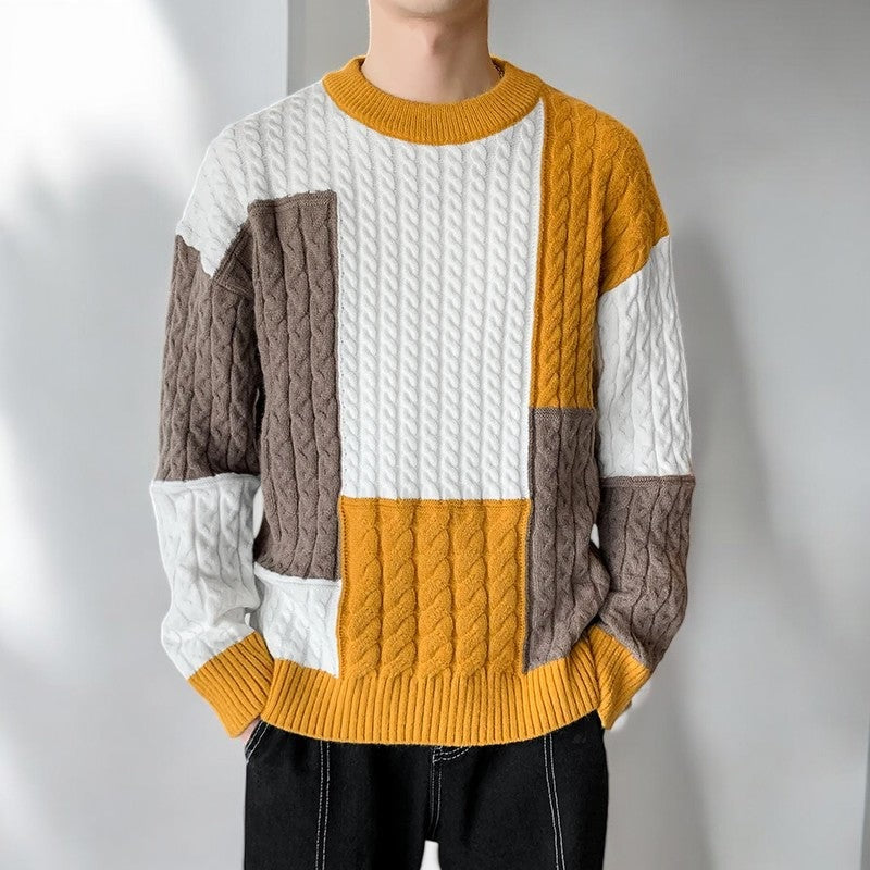 Men's relaxed cable knit jumper with colour block patchwork panels - view 5