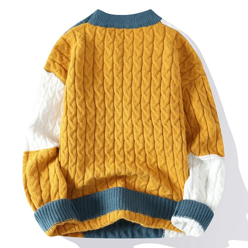 Men's relaxed cable knit jumper with colour block patchwork panels - view 6