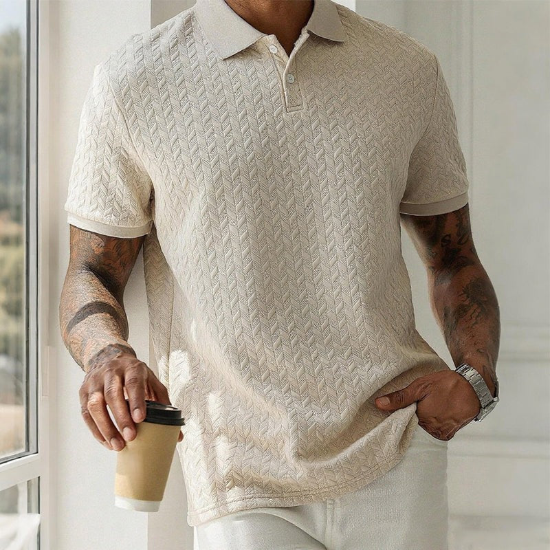 Men's raised cable knit polo with a ribbed collar and two buttons - beige