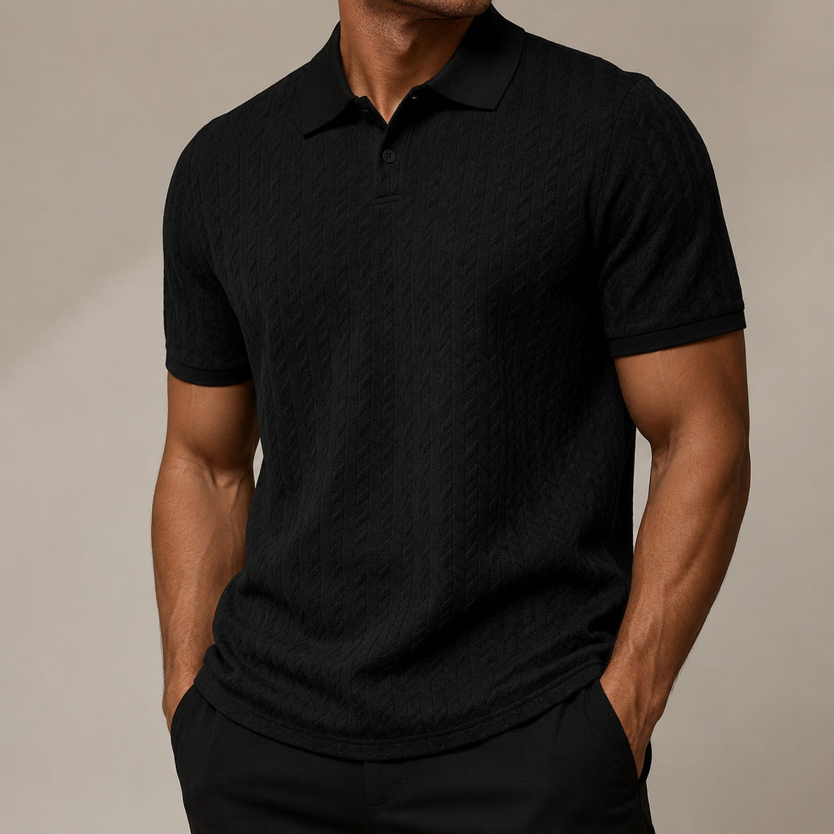 Men's raised cable knit polo with a ribbed collar and two buttons - black