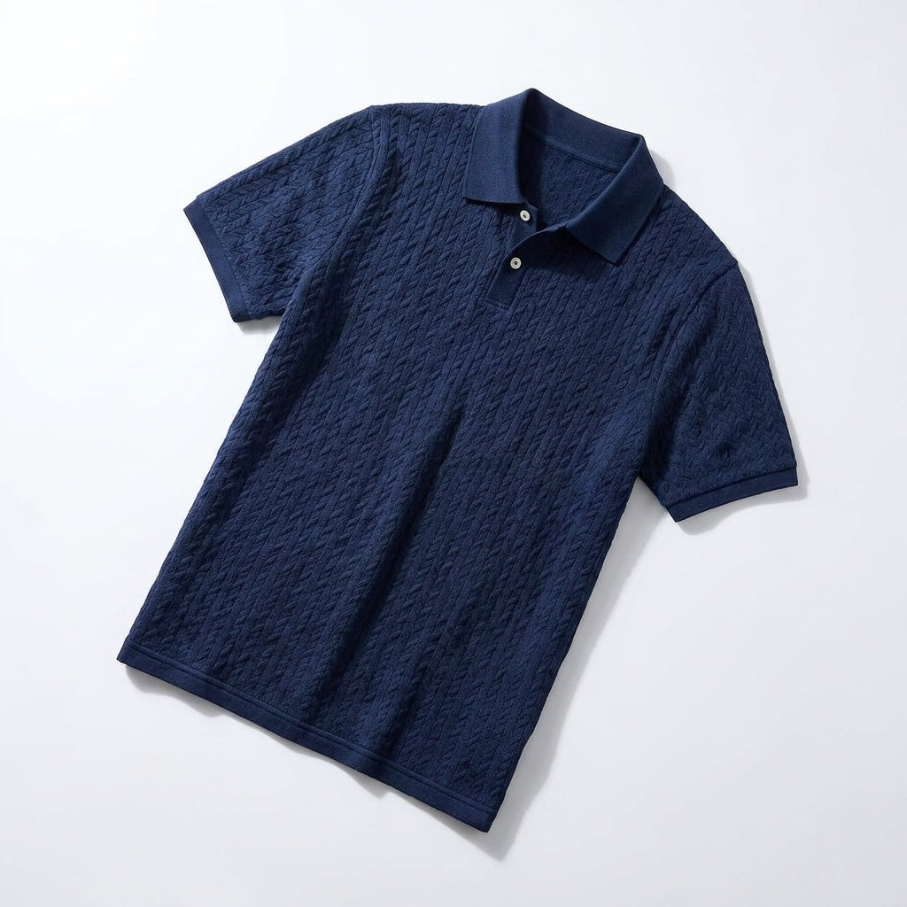 Men's raised cable knit polo with a ribbed collar and two buttons - view 8