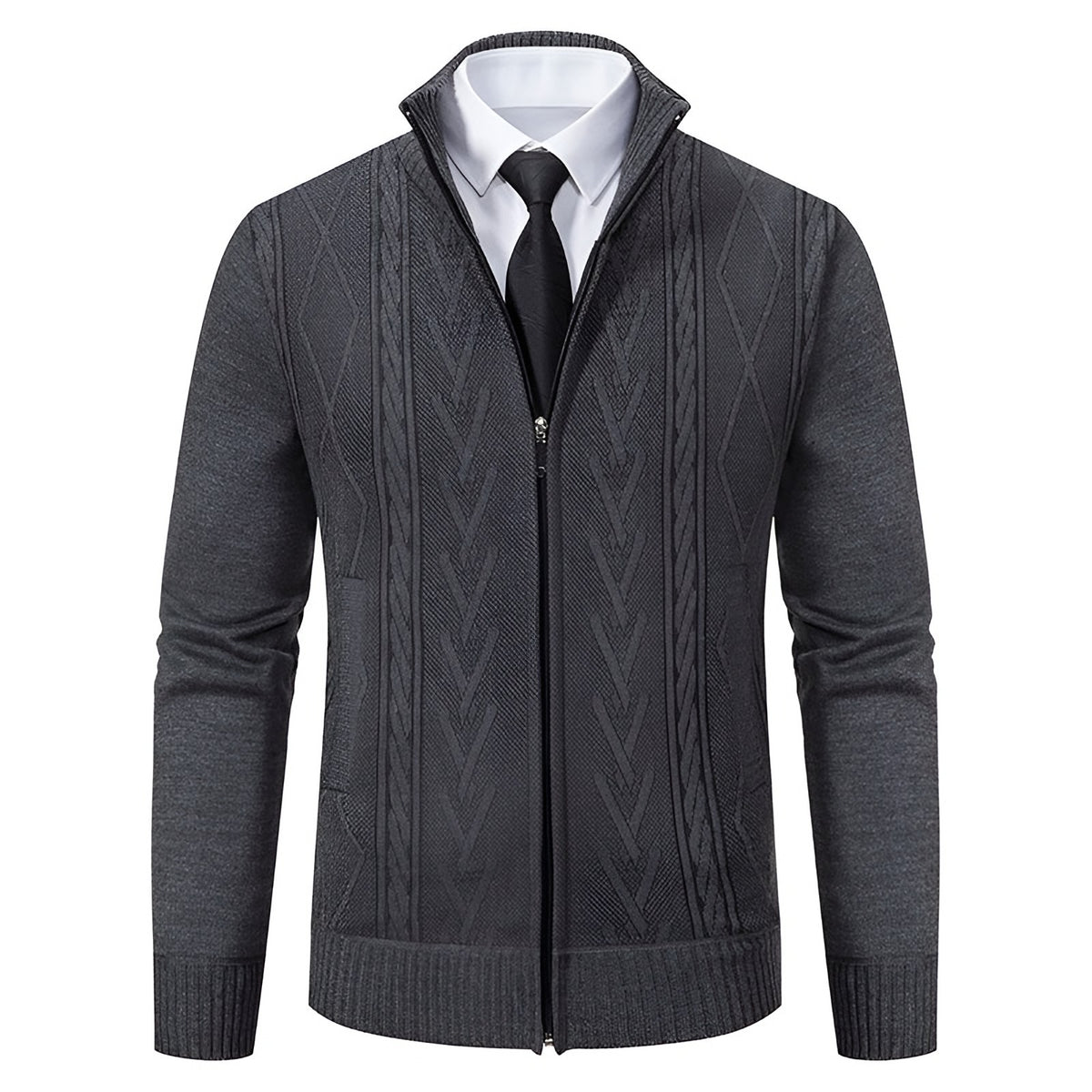 Men's charcoal cable knit zip cardigan with a stand collar, front