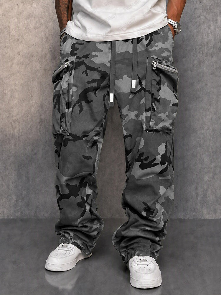 Men's camo cargo trousers with zip pockets and a drawcord waist - grey