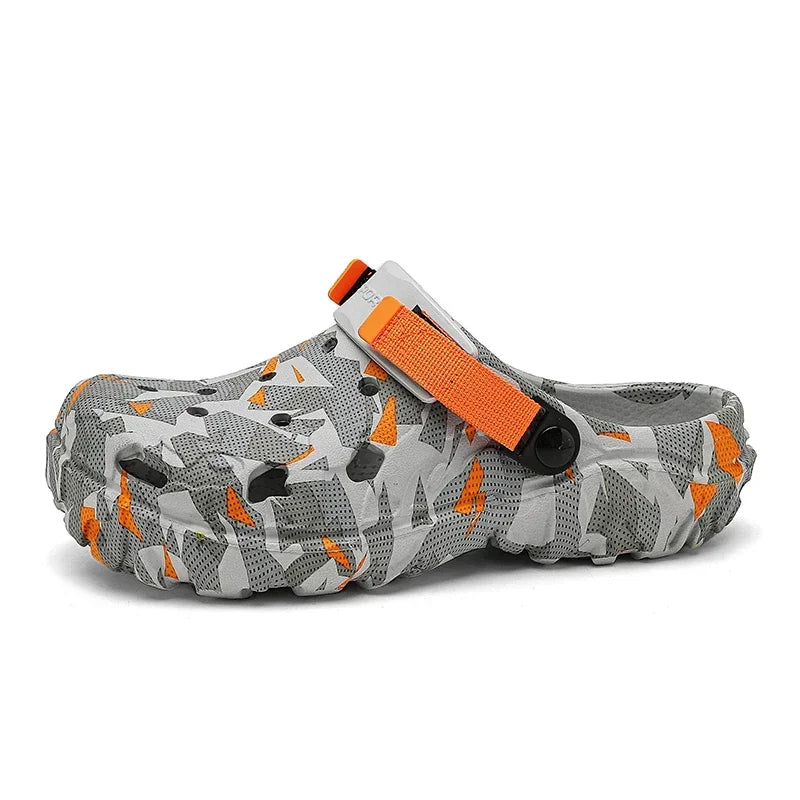 EVA clogs with a camo print, vent holes and adjustable heel strap - camo orange
