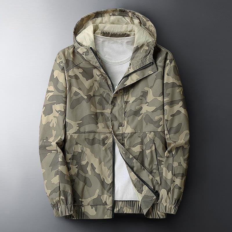 Men's camouflage hooded jacket with a zip and elastic cuffs and hem - khaki