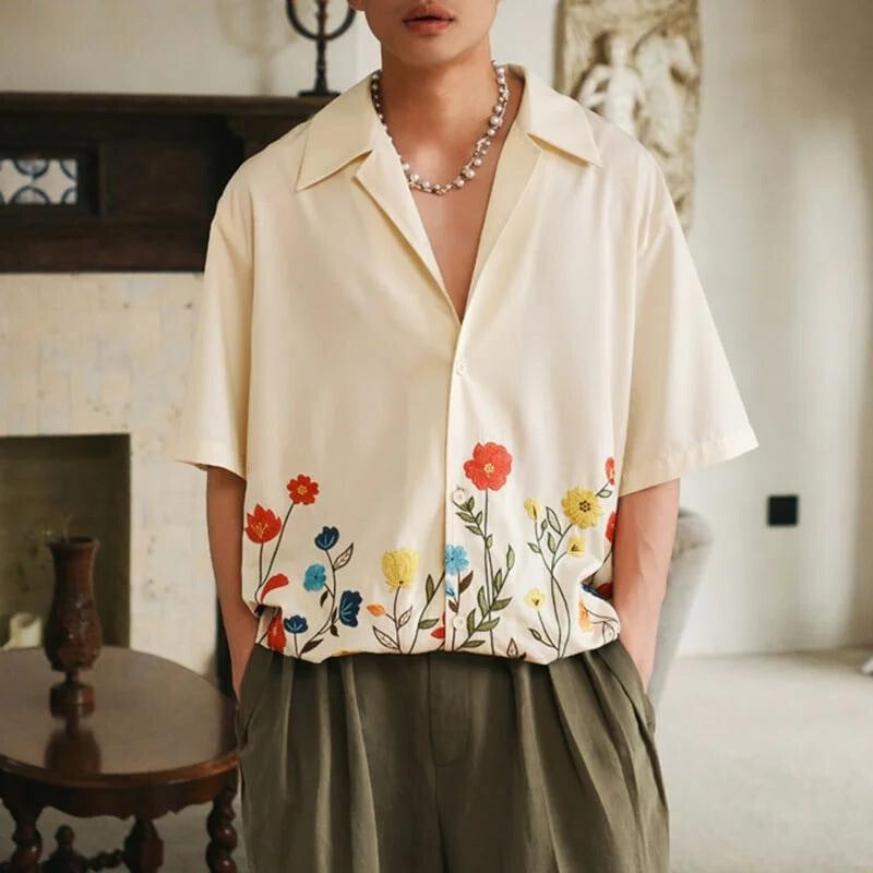 Men's shirt with an open camp collar and embroidered flowers along the hem - view 2