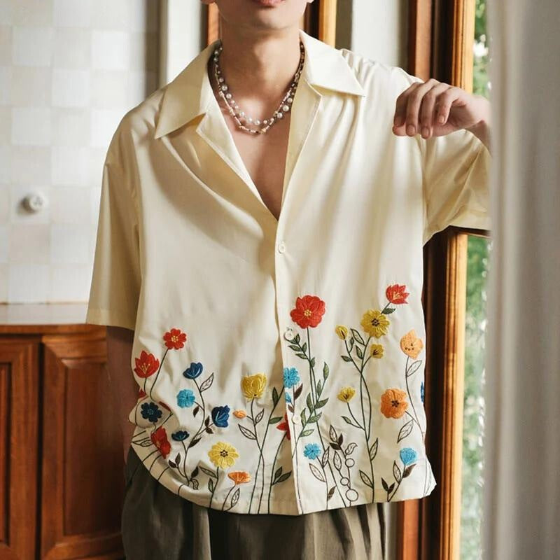 Men's shirt with an open camp collar and embroidered flowers along the hem - view 3