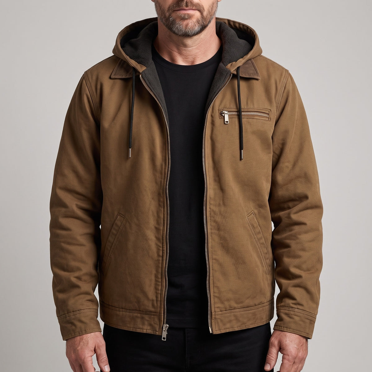 Men's canvas jacket with a hood and sherpa lining - brown
