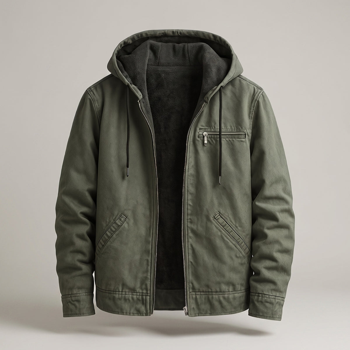 Men's canvas jacket with a hood and sherpa lining - green