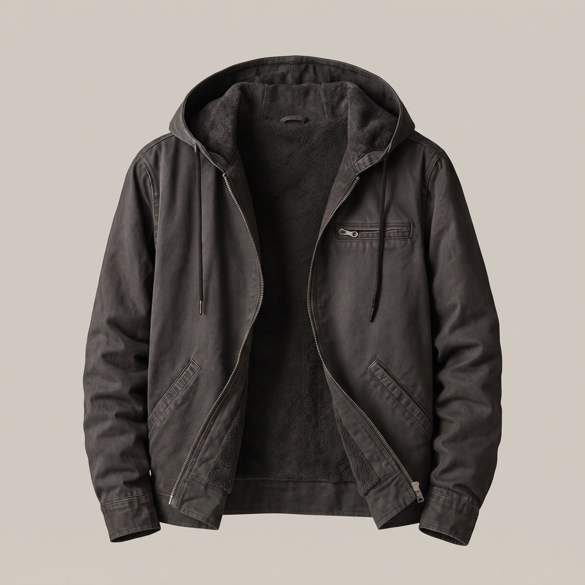 Men's canvas jacket with a hood and sherpa lining - charcoal