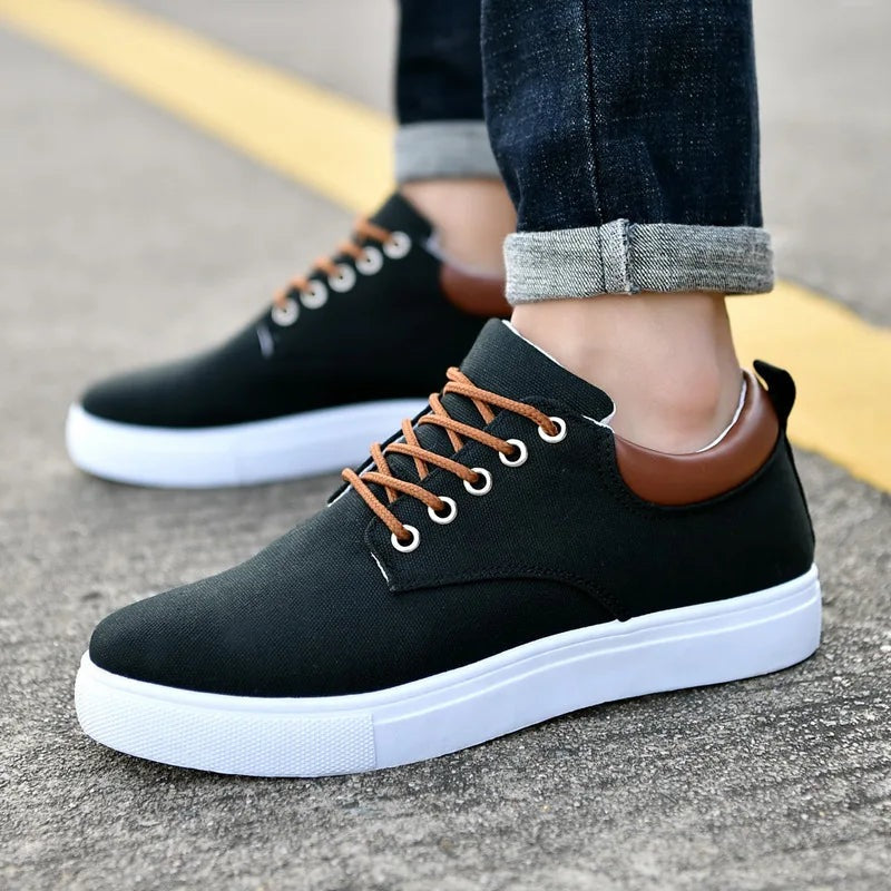 Men's canvas trainers with a white rubber sole, tan laces and a faux leather heel piece - view 5