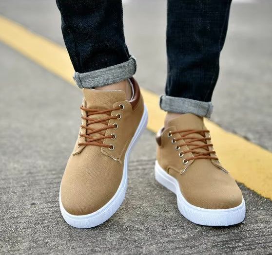 Men's canvas trainers with a white rubber sole, tan laces and a faux leather heel piece - view 7