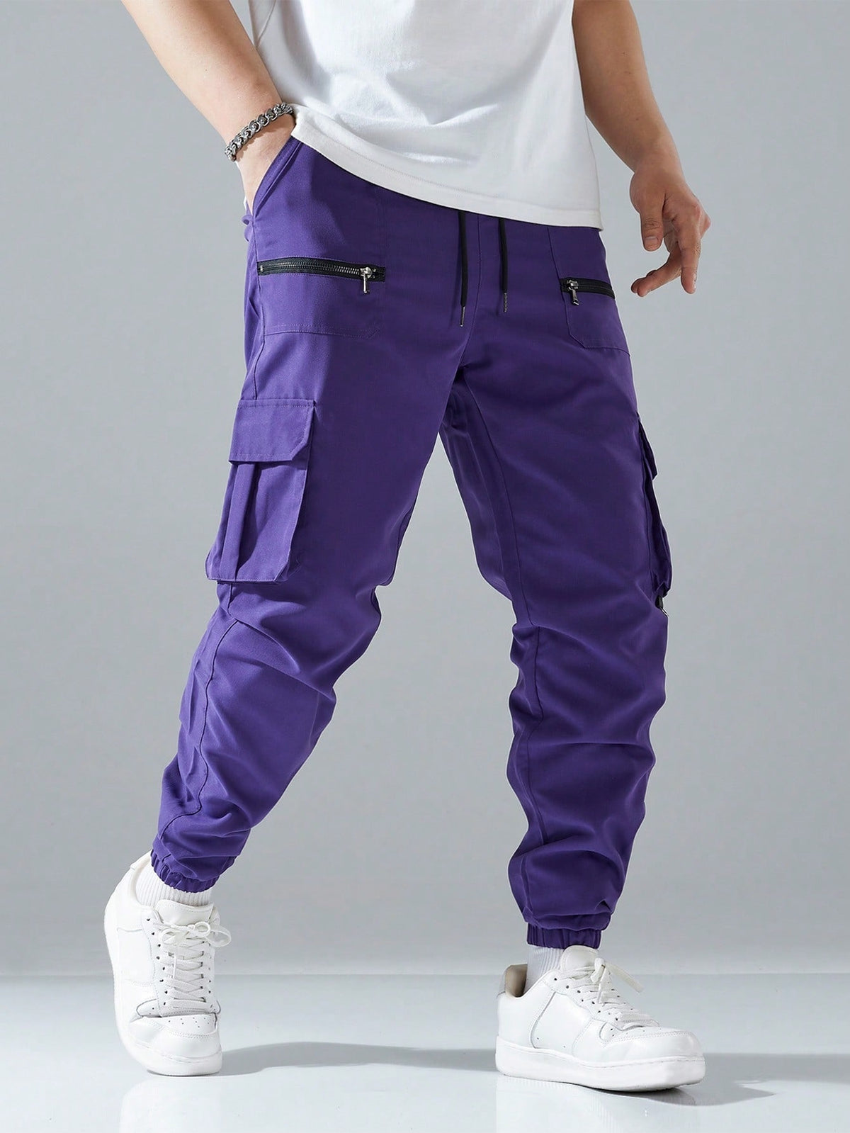 Cargo joggers for men with a drawcord waist, zip pockets, thigh flap pockets and cuffed ankles - view 12