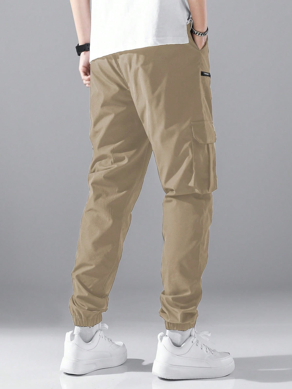 Cargo joggers for men with a drawcord waist, zip pockets, thigh flap pockets and cuffed ankles - sand