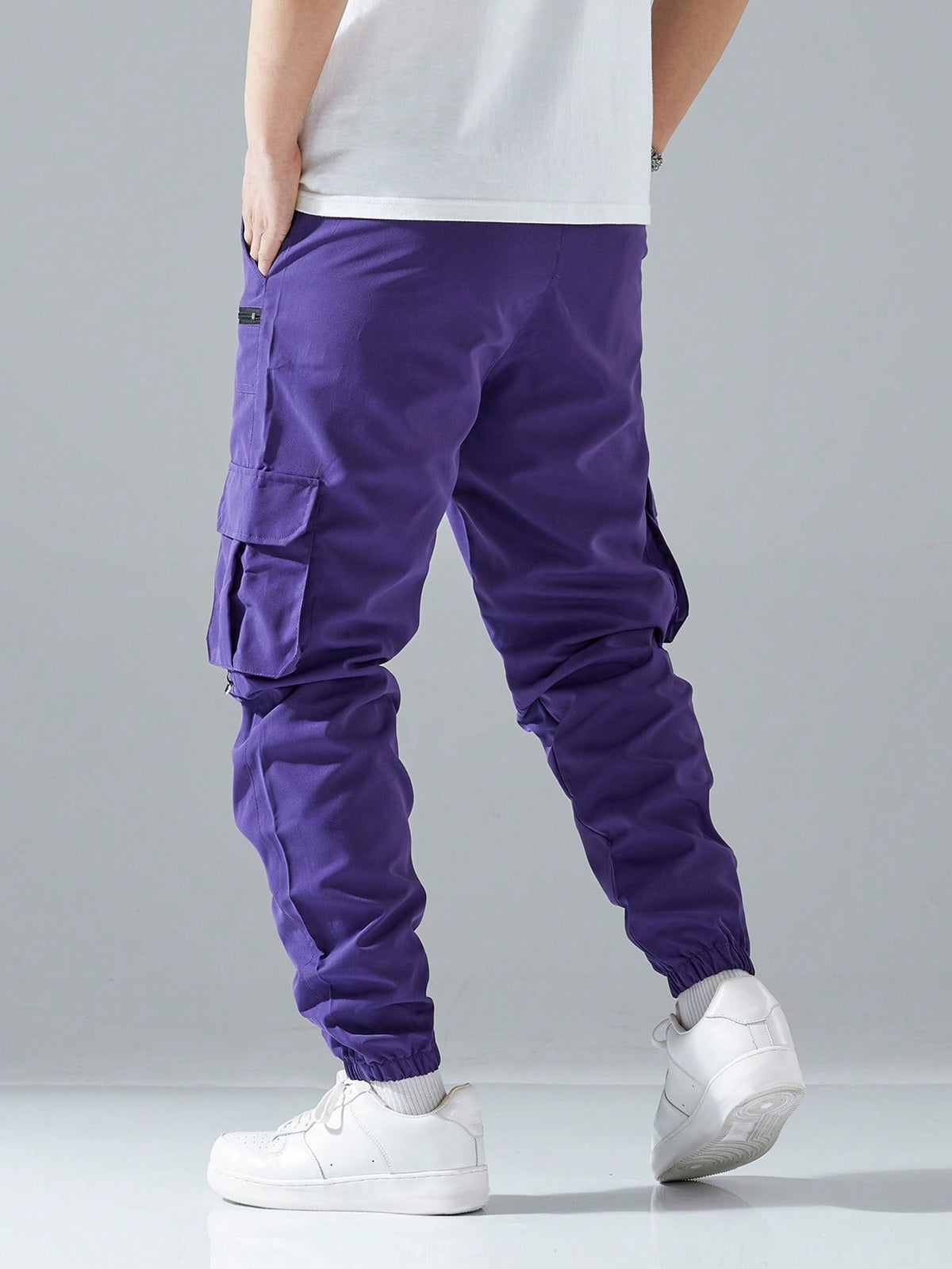 Cargo joggers for men with a drawcord waist, zip pockets, thigh flap pockets and cuffed ankles - purple