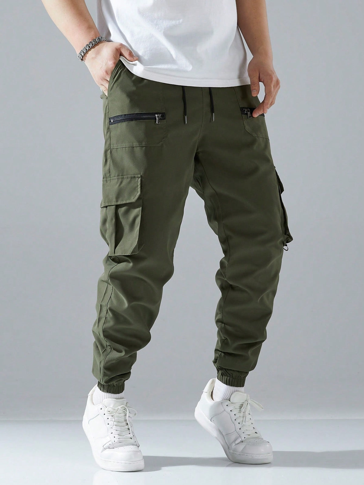 Cargo joggers for men with a drawcord waist, zip pockets, thigh flap pockets and cuffed ankles - view 7