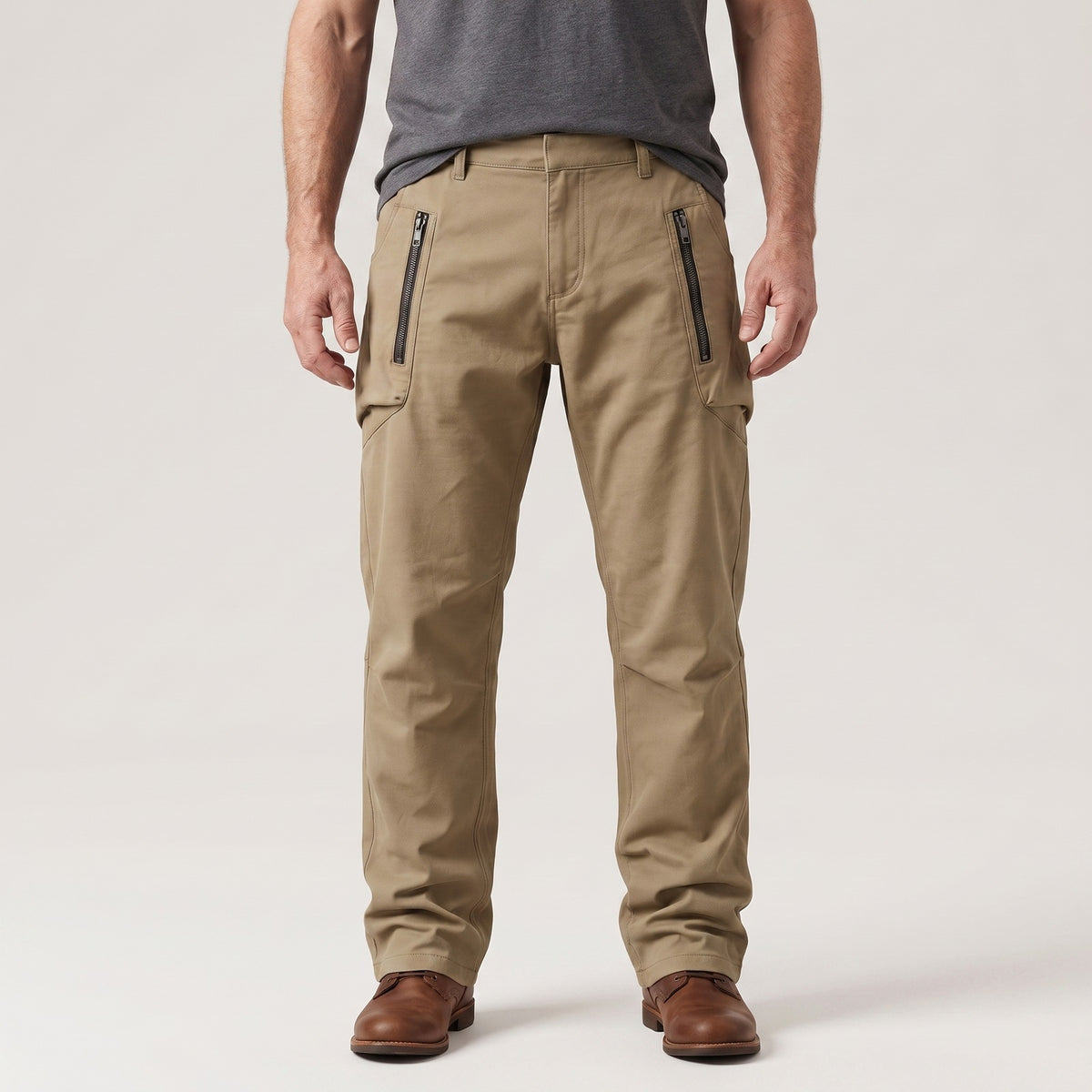 Men's cargo trousers with zip pockets at the front and a straight leg