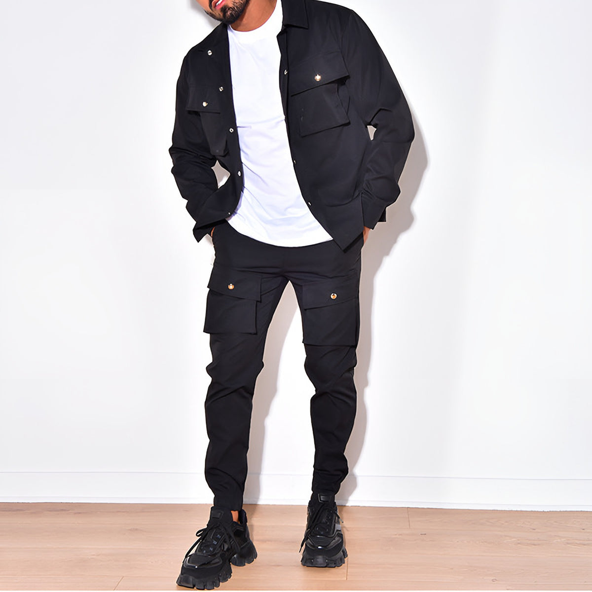 Men's cargo two-piece set in black, jacket and trousers
