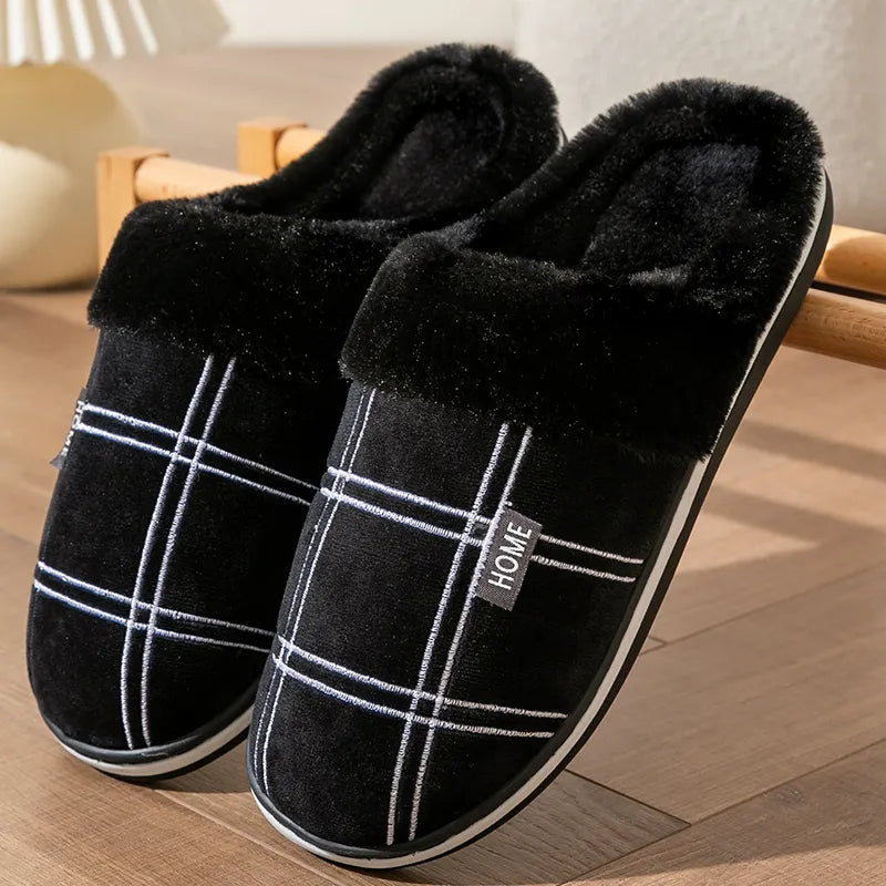 Men's slippers with check stitching, a plush collar and open back - view 10